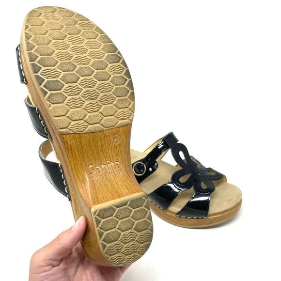 Pro. Patent Women ** SANITA Black Patent Leather Dalia Clog Sandals Size 40